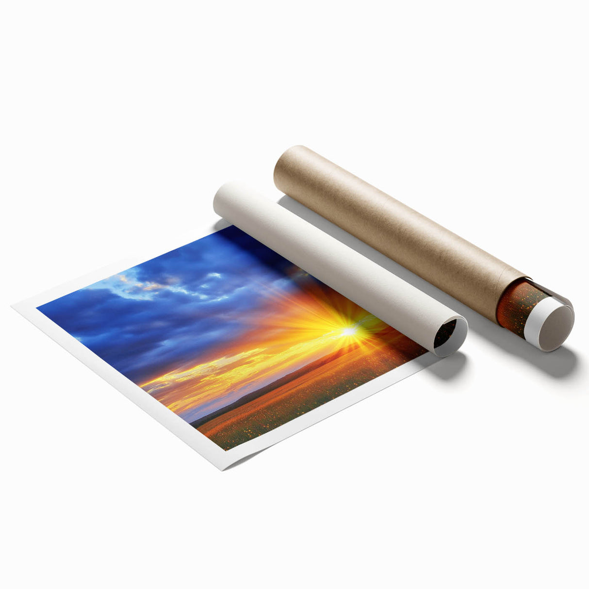 Vibrant landscape print showcasing rolling green fields under a bright blue sky, beautifully rolled and packaged in a protective cardboard tube for easy display.