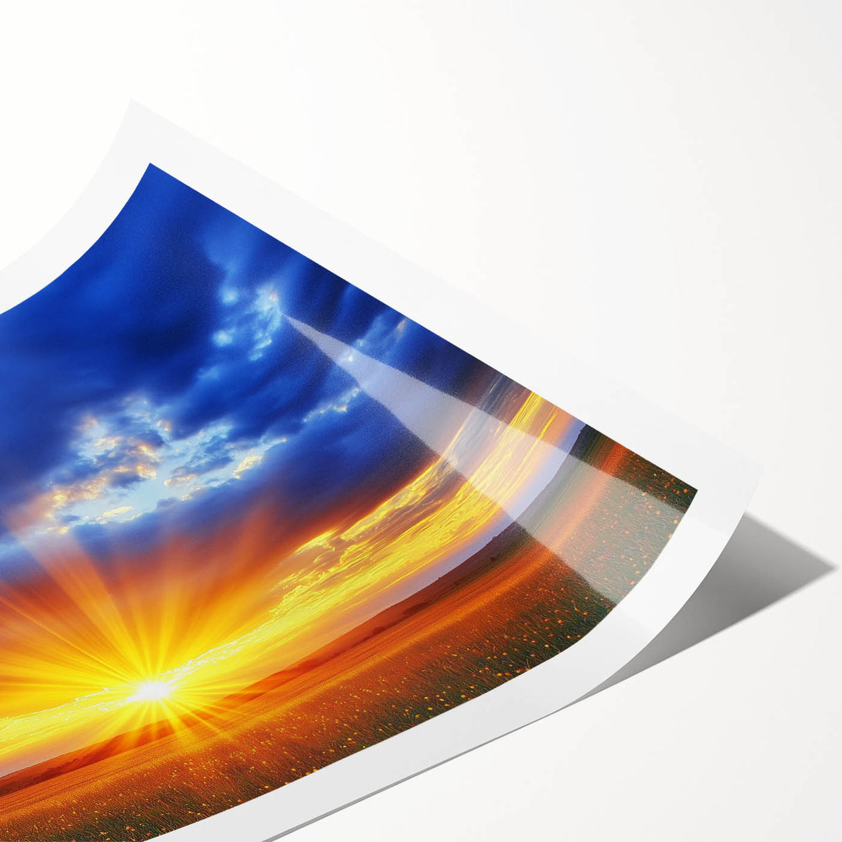 Vibrant rolled canvas print showcasing a serene landscape with lush green fields and a radiant blue sky, elegantly packaged in a protective cardboard tube for easy transport.