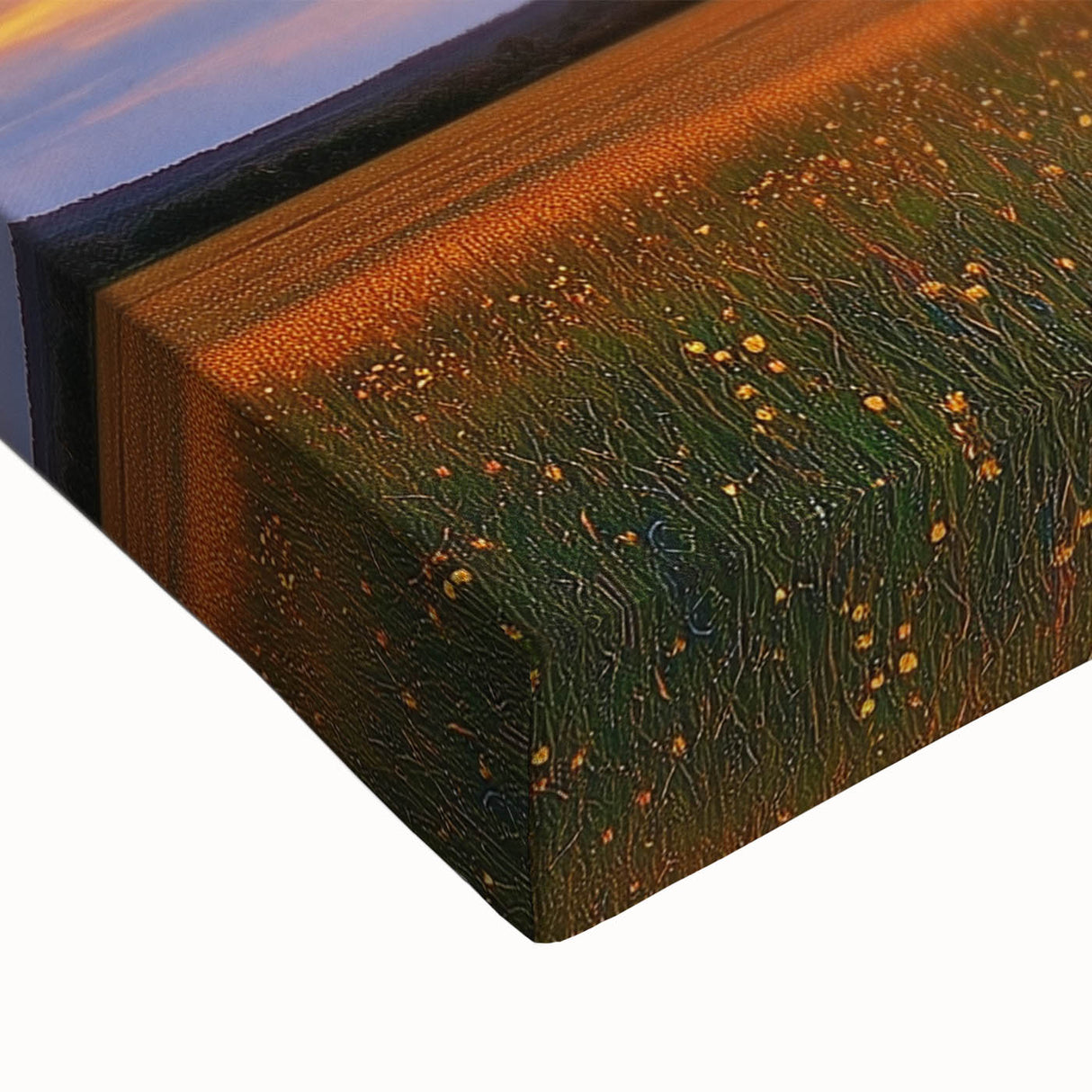 Close-up of a vibrant stretched canvas depicting a picturesque landscape with lush green fields under a bright blue sky, ideal for home decor.
