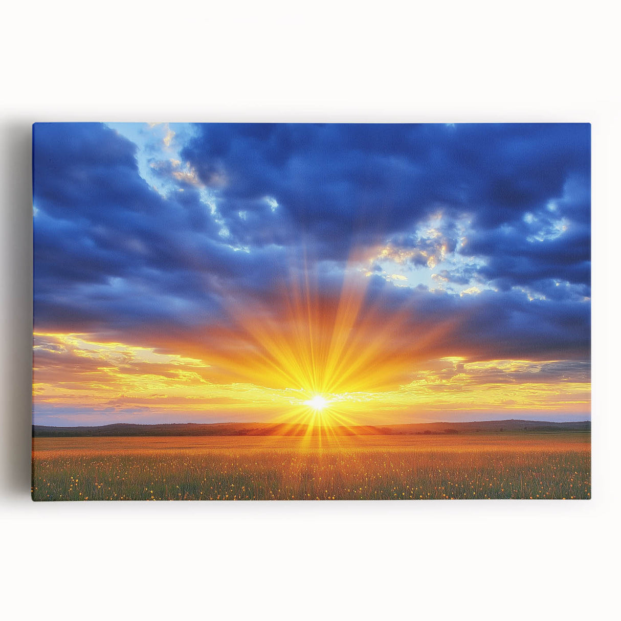 Stretched canvas artwork depicting a vibrant landscape with rolling green fields under a bright blue sky, perfect for home decor and nature lovers.