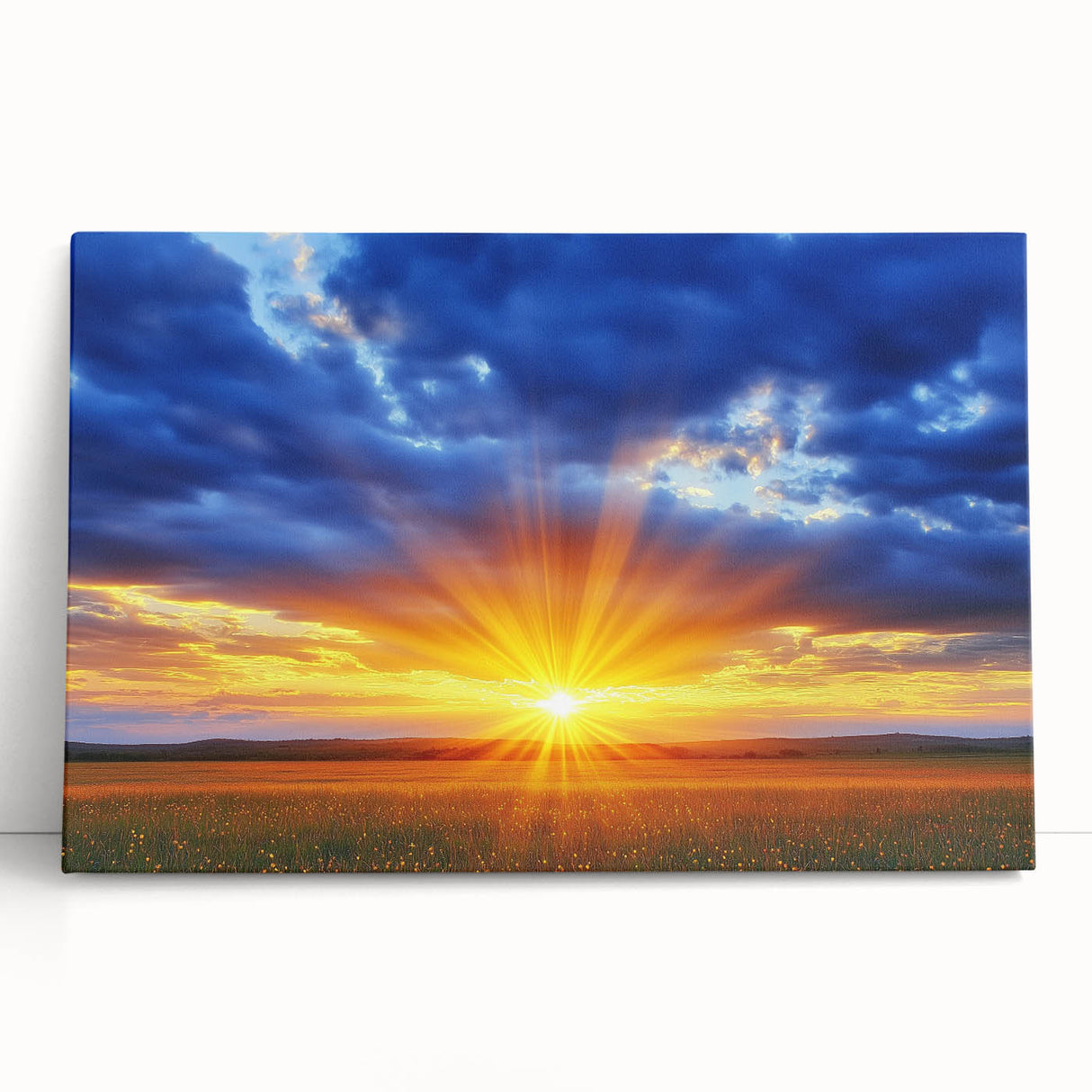 Vibrant stretched canvas artwork depicting serene landscapes with lush green fields and a clear blue sky, perfect for enhancing home décor.