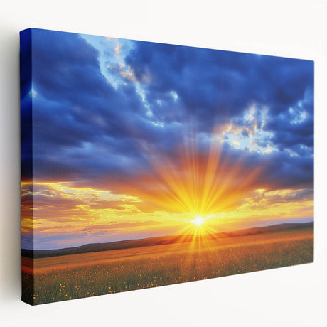 Stretched canvas artwork showcasing a serene landscape of rolling green fields under a bright blue sky, perfect for home decor and nature enthusiasts.