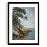 Black-framed landscape art with a white mat, showcasing a serene nature scene. Perfect for home décor, this piece adds elegance to any room.