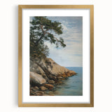 Elegant gold-framed landscape artwork with a mat, showcasing serene nature scenery, perfect for enhancing home decor with a touch of sophistication.