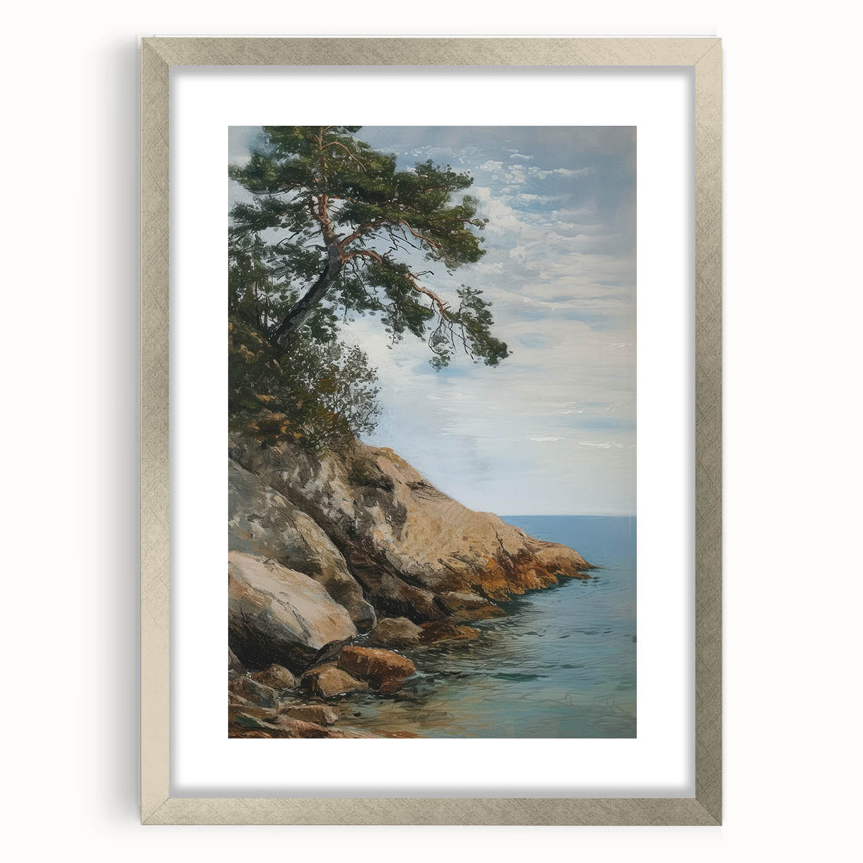 Elegant silver-framed landscape artwork featuring a scenic view, enhanced with a white mat for a polished presentation, ideal for home or office decor.