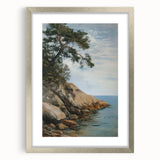 Elegant silver-framed landscape artwork featuring a scenic view, enhanced with a white mat for a polished presentation, ideal for home or office decor.