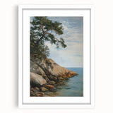White-framed landscape artwork with a mat, showcasing serene natural scenery, perfect for home decor. Ideal for enhancing living spaces with elegance.