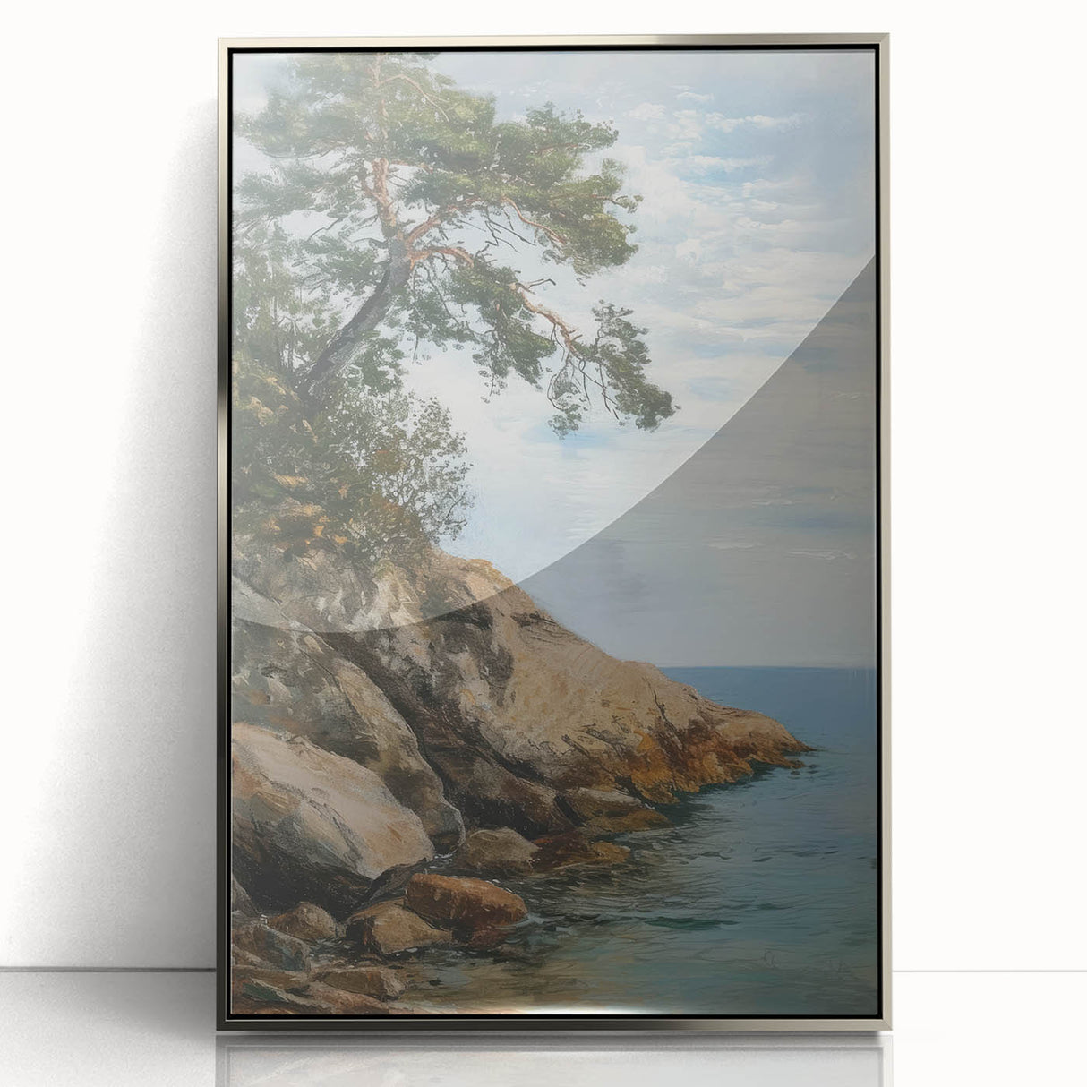 Framed acrylic landscape artwork showcasing vibrant colors and intricate details, set in a sleek silver frame, perfect for modern home decor.