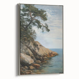 Framed canvas artwork showcasing a serene landscape with lush greenery and a tranquil lake, featuring a sleek silver frame that enhances its modern aesthetic. Perfect for home decor or office settings.