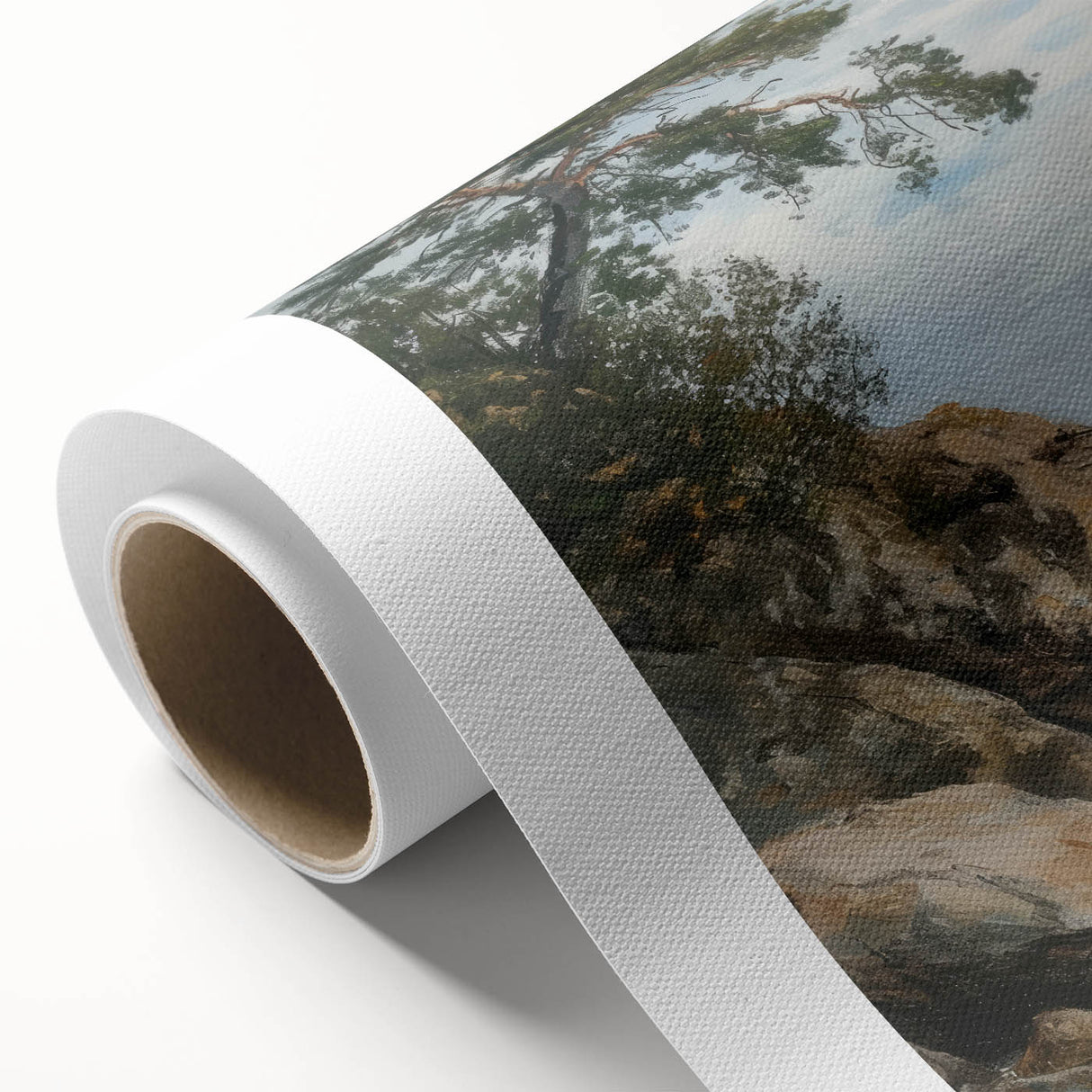 Rolled canvas artwork showcasing a vibrant desert landscape with warm hues, featuring a serene sunset and textured details, perfect for home decor.