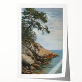 Vibrant rolled print showcasing a serene landscape with mountains and trees, elegantly packaged in a protective cardboard tube, perfect for home decor.