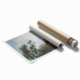 Rolled landscape canvas print showcasing a serene mountain scene with vibrant colors, designed for wall decoration, securely packaged in a protective tube.