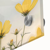 Large abstract floral print in vibrant orange and yellow tones on acrylic glass, ideal for dining room art.