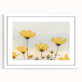 Abstract art print of multi-colored florals on a white framed canvas, ideal for bedroom or dining room decor.