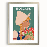 Vintage Holland Travel Poster – Dutch Girl with Tulips Art