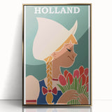Vintage Holland Travel Poster – Dutch Girl with Tulips Art