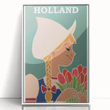 Vintage Holland Travel Poster – Dutch Girl with Tulips Art