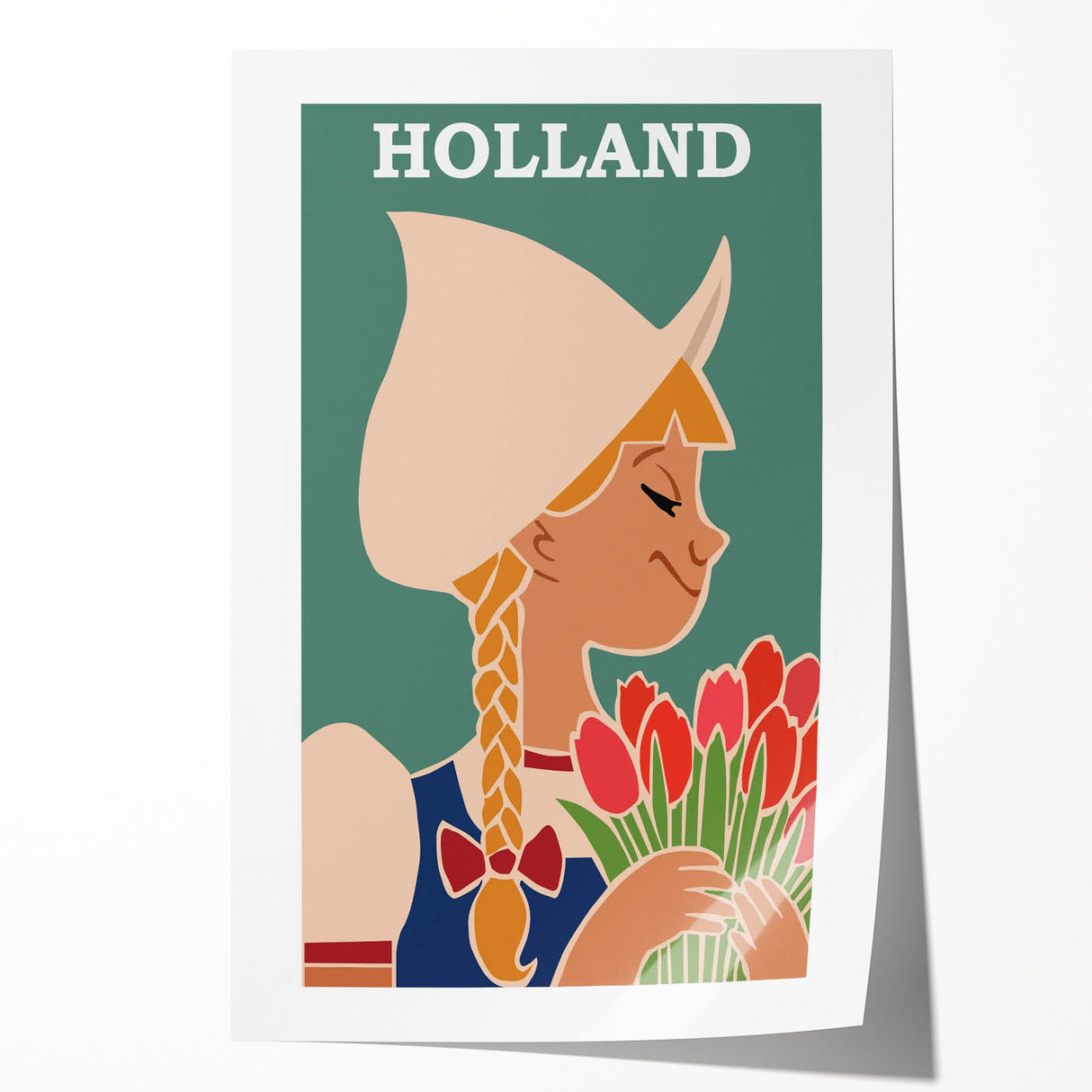 Vintage Holland Travel Poster – Dutch Girl with Tulips Art