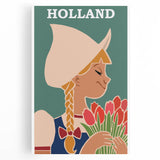 Vintage Holland Travel Poster – Dutch Girl with Tulips Art