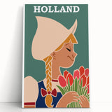 Vintage Holland Travel Poster – Dutch Girl with Tulips Art