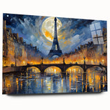 Large abstract depiction of the Paris skyline in muted gray and blue tones on acrylic glass.