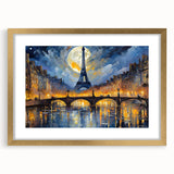 Abstract art print of Paris scenery in muted gold and blue tones on a framed canvas, suitable for dining room decor.