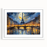 Textured art print of abstract Paris scenery in muted gray and blue tones, framed with a white mat, ideal for bedroom decor.