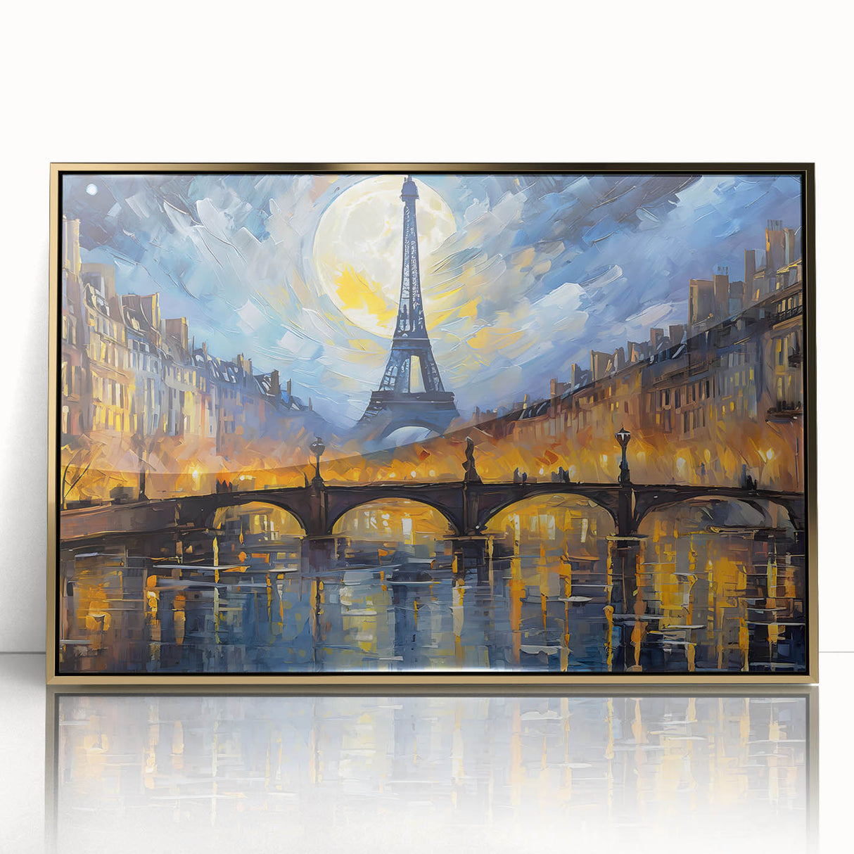 Art Deco poster of Paris scenery in gold and black tones on framed acrylic, suitable for modern art wall decor or nursery.