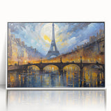 Mid-century modernist art of Paris skyline in muted blue and gray tones on a framed acrylic, ideal for nursery wall art.