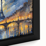 Extra large framed canvas of a textured Paris scenery in black with colorful highlights, ideal for living room decor.