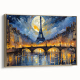 Vintage poster art of Paris landscape in black and gold tones on framed canvas, ideal for bedroom wall decor.