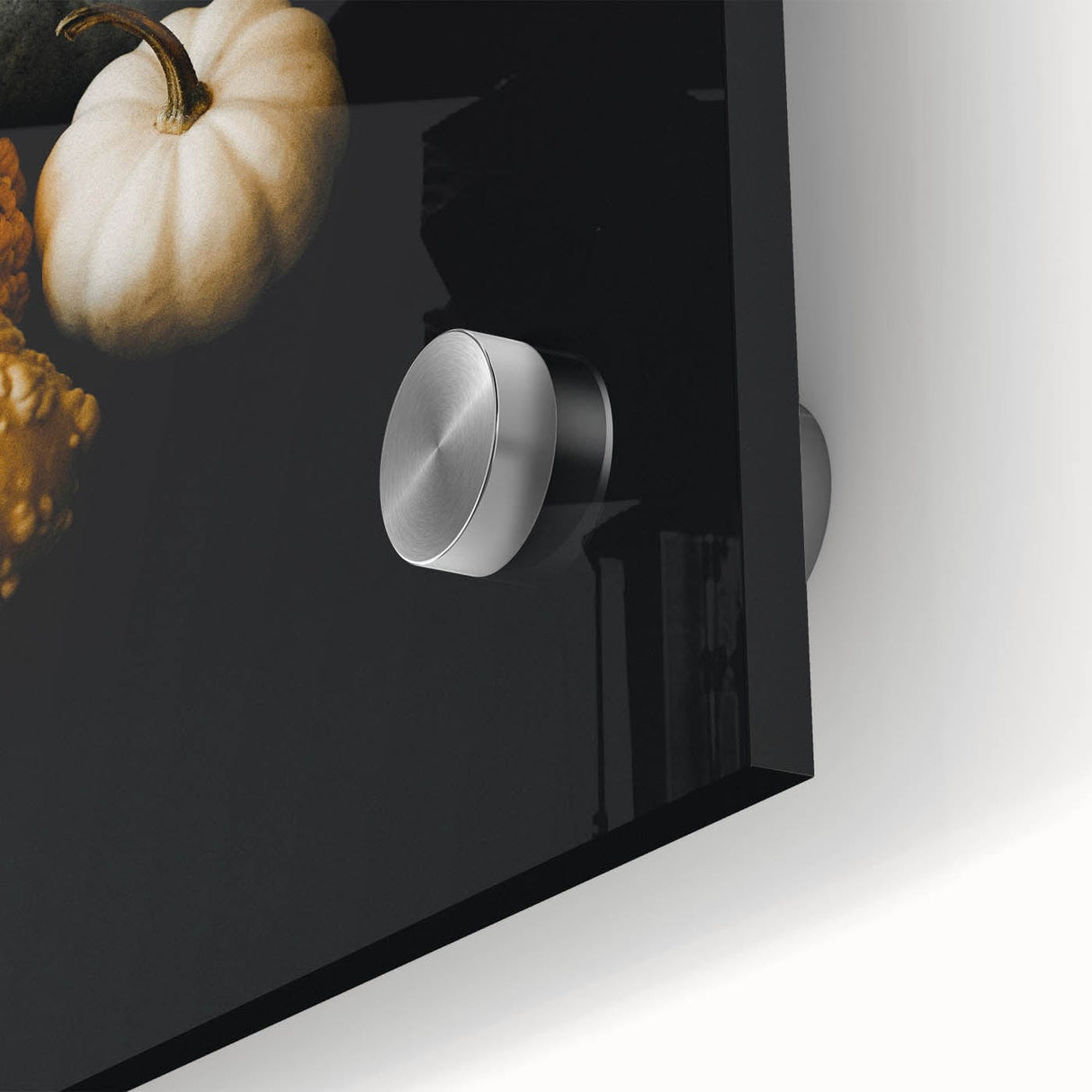Large abstract wall art in warm autumn hues on acrylic glass, ideal for dining room ambiance.