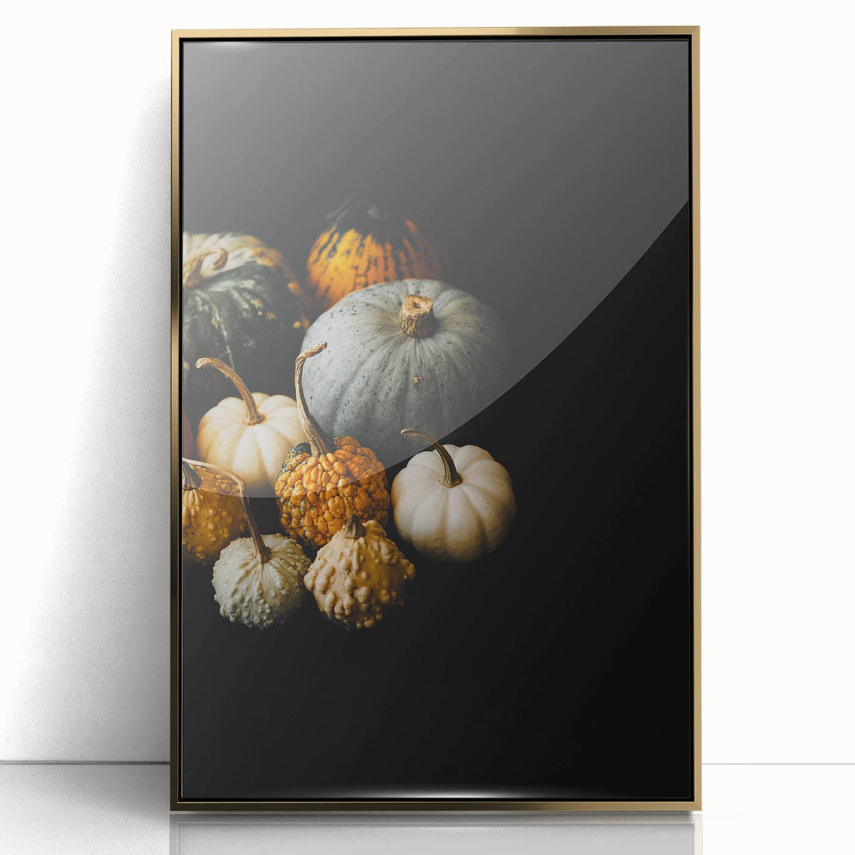 Large art print of a mid-century modernist fall scene in muted gold tones on acrylic, ideal for nursery wall decor.