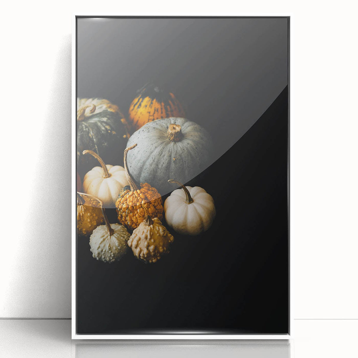 Art deco poster featuring a stylized fall scene in orange and brown on a white acrylic framed wall art.