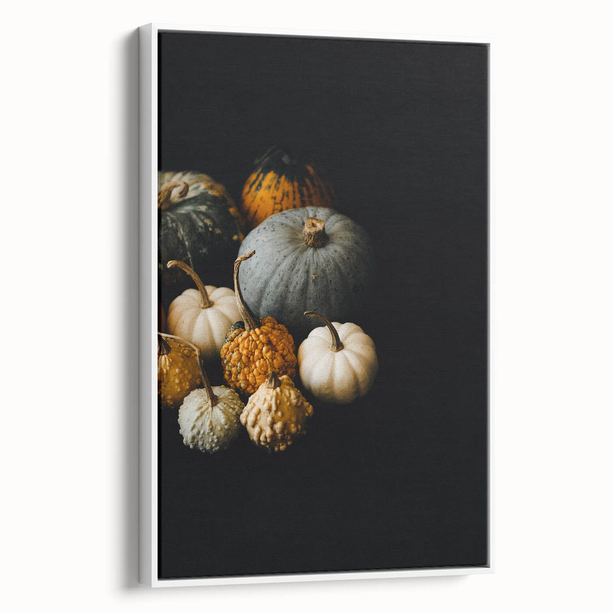 Vintage poster art of fall scene in muted orange and brown tones, framed canvas, suitable for living room decor.