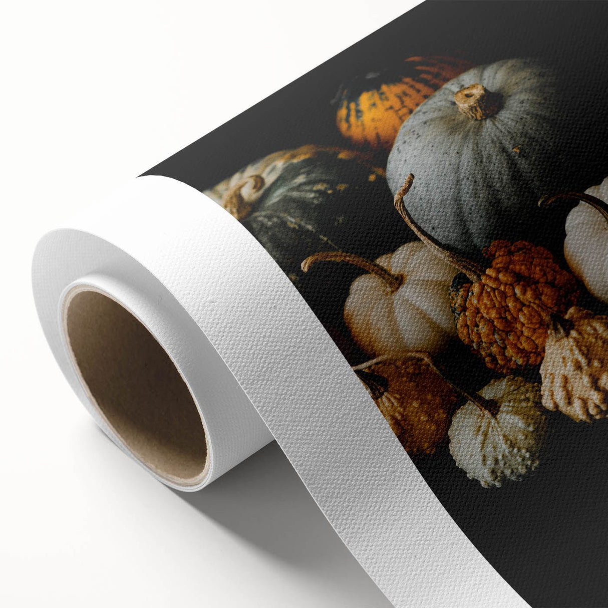 Art deco style poster depicting an autumnal forest scene in warm orange tones, printed on rolled canvas.