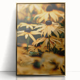 Large art print of a mid-century modernist spring scene in pastel shades, framed in gold acrylic.