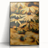 Mid-century modernist art featuring abstract spring motifs in pastel colors on a silver-framed acrylic print.