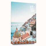 Large abstract wall art on acrylic glass depicting summer hues in blue and orange, ideal for bedroom or dining room decor.