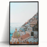 Large abstract wall art featuring swirling blue and white patterns on acrylic, framed in black.