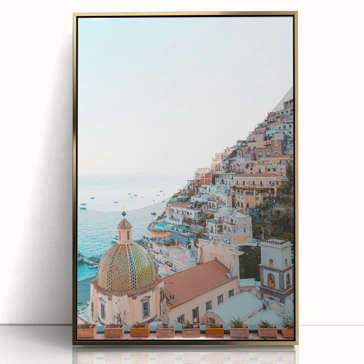 Large acrylic print of a mid-century modernist summer scene in gold and green tones, ideal for nursery wall decor.