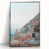 Mid-century modernist art featuring abstract summer motifs in warm orange and yellow tones, silver-framed acrylic.