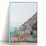 Art deco poster of a stylized summer scene in pastel colors, framed in white acrylic, ideal for nursery wall art.