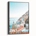 Black and white wall art featuring a vintage poster of a summer landscape on framed canvas, suitable for bedroom decor.