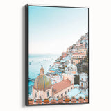 Black and white wall art featuring a vintage poster of a summer landscape on framed canvas, suitable for bedroom decor.