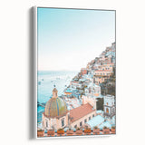 Extra large framed canvas of vintage poster art featuring a colorful summer theme, ideal for living room decor.