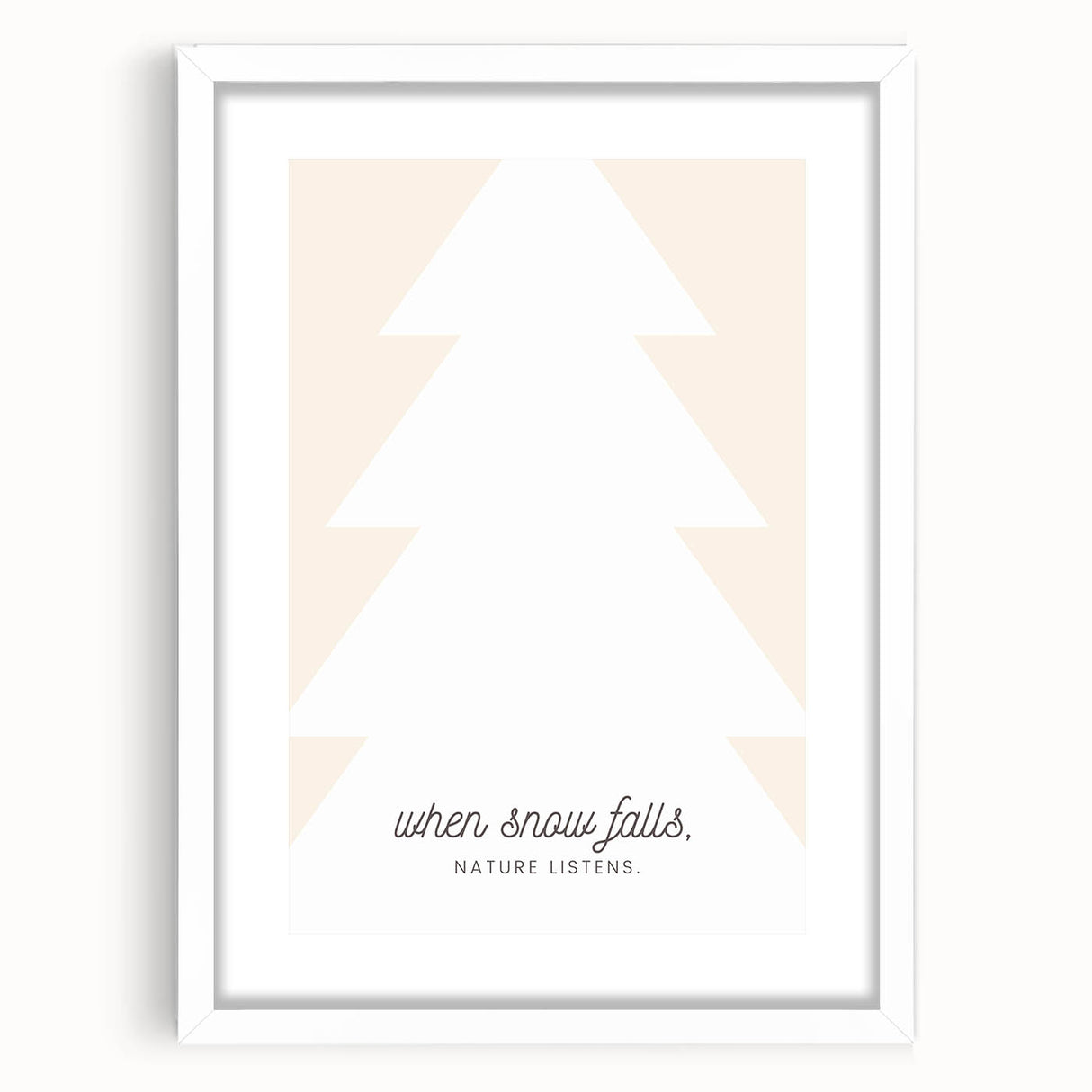 Abstract art print depicting winter season in muted blue and white tones, framed in white, ideal for dining room decor.