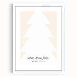 Abstract art print depicting winter season in muted blue and white tones, framed in white, ideal for dining room decor.