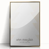 Large art print of a mid-century modernist winter scene in muted blue and gold tones, framed in acrylic.