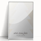 Art deco poster depicting a serene winter scene in muted blue and white tones, framed acrylic, ideal for nursery wall decor.